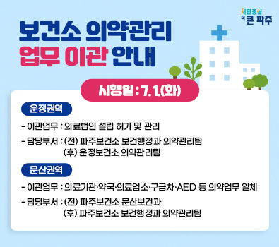 시행일 : 7.1.(화) 운정권역 - 이관업무: 의료법인 설립 허가 및 관리 - 담당부서:(전)파주보건소 보건행정과 의약관리팀 (후)운정보건소 의약관리팀 문산권역 - 이관업무: 의료기관·약국·의료업소·구급차·AED 등 의약업무 일체 -담당부서: (전) 파주보건소 문산보건과 (후)파주보건소 보건행정과 의약관리팀