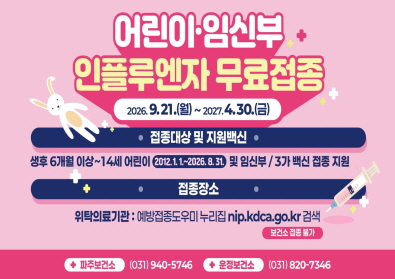2026년 어린이임신부 인플루엔자 무료접종 / 2026.9.21.월요일 ~ 2027.4.30.금요일 접종대상 및 지원백신 / 생후 6개월 이상 ~ 14세 어린이 / 2012.1.1.~ 2026.8.31. 및 임신부 / 3가 백신 접종 지원 / 접종장소: 위탁의료기관: 예방접종도우미 누리집 nip.kdca.go.kr 검색 / 보건소 접종 불가 / 파주보건소 031-940-5746 / 운정보건소 031-820-7346
