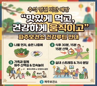 추석 명절 비만 예방 / 추석 연휴, 맛있게 먹고 가볍게 움직여요 / 1. 나물 먼저, 송편 나중에 / 2. 식후 30분, 15분씩 산책 / 3. 가족과 함께 파주 산책길 및 민속놀이 , 율곡수목원, 운정호수공원 / 4. 실내 스트레칭 가사분담 / 파주보건소