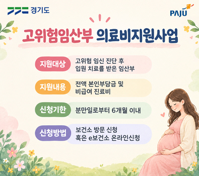 2026년 고위험임산부 의료비 지원 사업 / 지원대상: 고위험임신 진단 후 입원 치료를 받은 임산부 / 지원내용: 전액 본인부담금 및 비급여 진료비 / 신청기간 : 분만일로부터 6개월 이내 / 신청방법: 보건소 방문신청 혹은 e호건소 온라인 신청